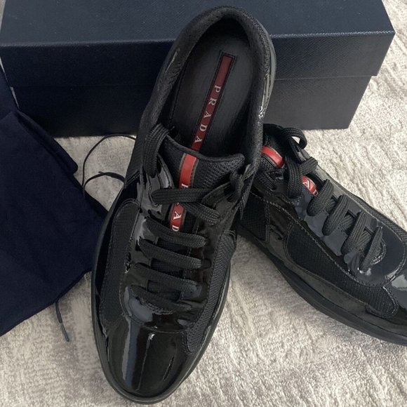 PRADA Mens Americas Cup Black/Mesh Patent Leather Sneakers - Picture 1 of 5